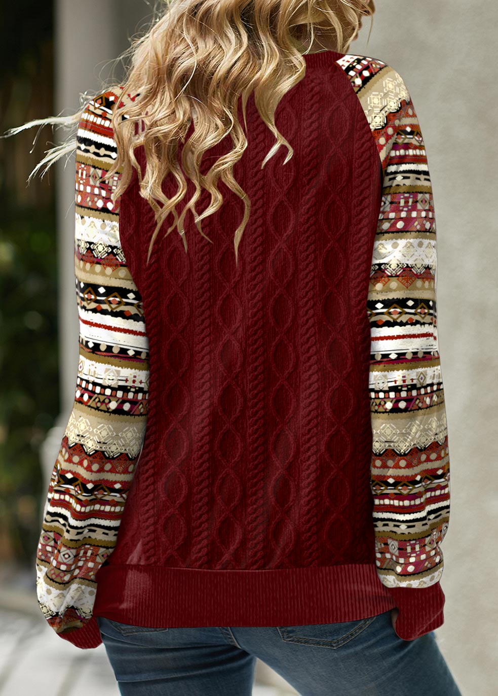 Wine Red Patchwork Tribal Print Long Sleeve Split Neck Sweatshirt