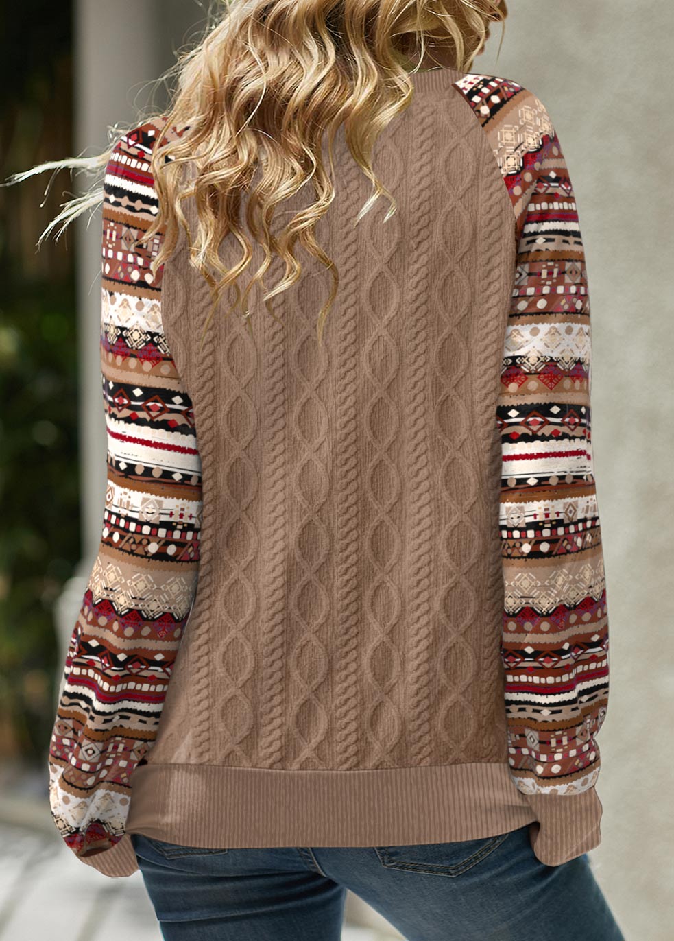 Dark Camel Patchwork Tribal Print Long Sleeve Split Neck Sweatshirt