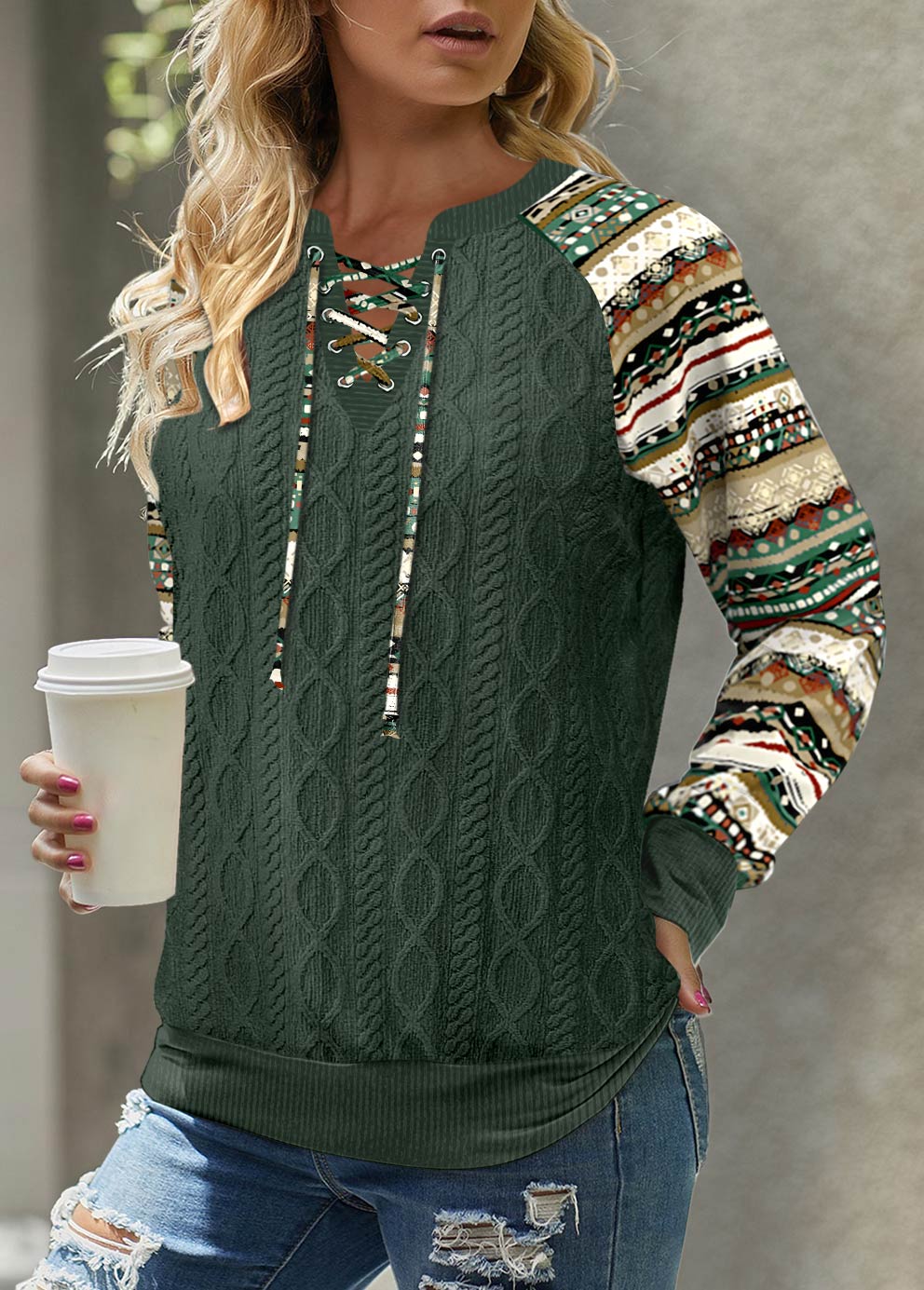 Green Patchwork Tribal Print Long Sleeve Split Neck Sweatshirt | picture 