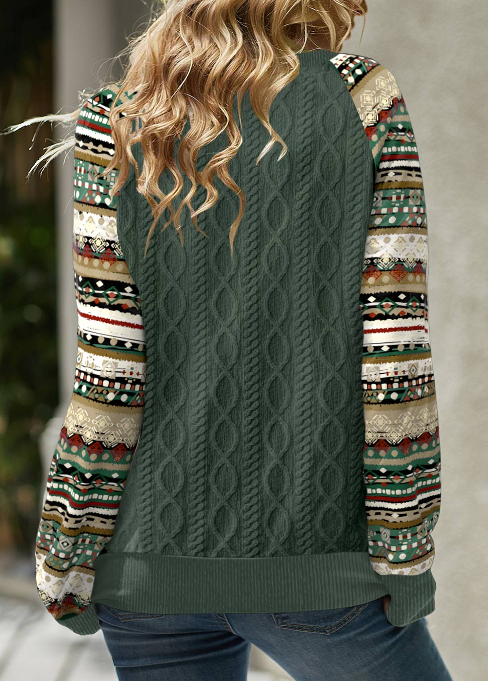 Green Patchwork Tribal Print Long Sleeve Split Neck Sweatshirt