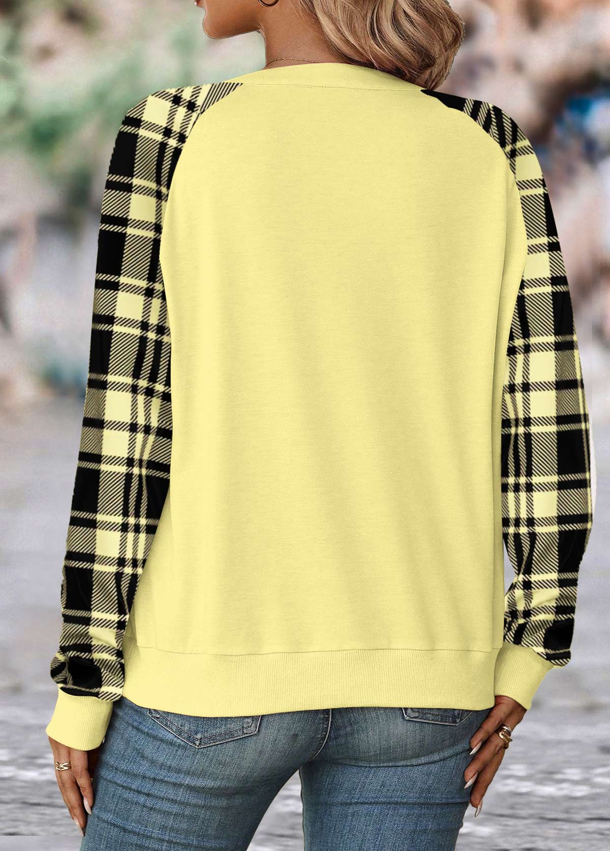 Light Yellow Split Plaid Long Sleeve Sweatshirt