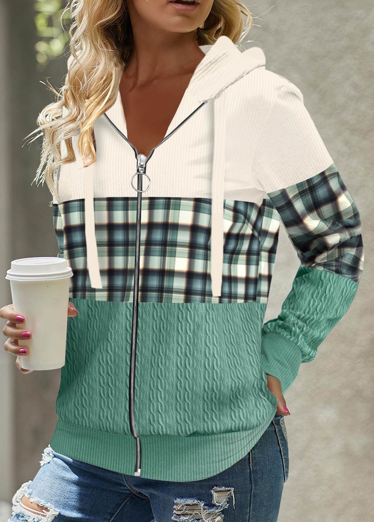 Plus Size Green Patchwork Plaid Long Sleeve Hoodie