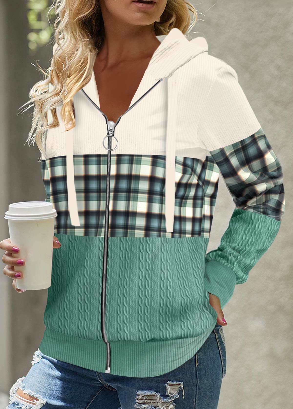 Plus Size Green Patchwork Plaid Long Sleeve Hoodie | picture 