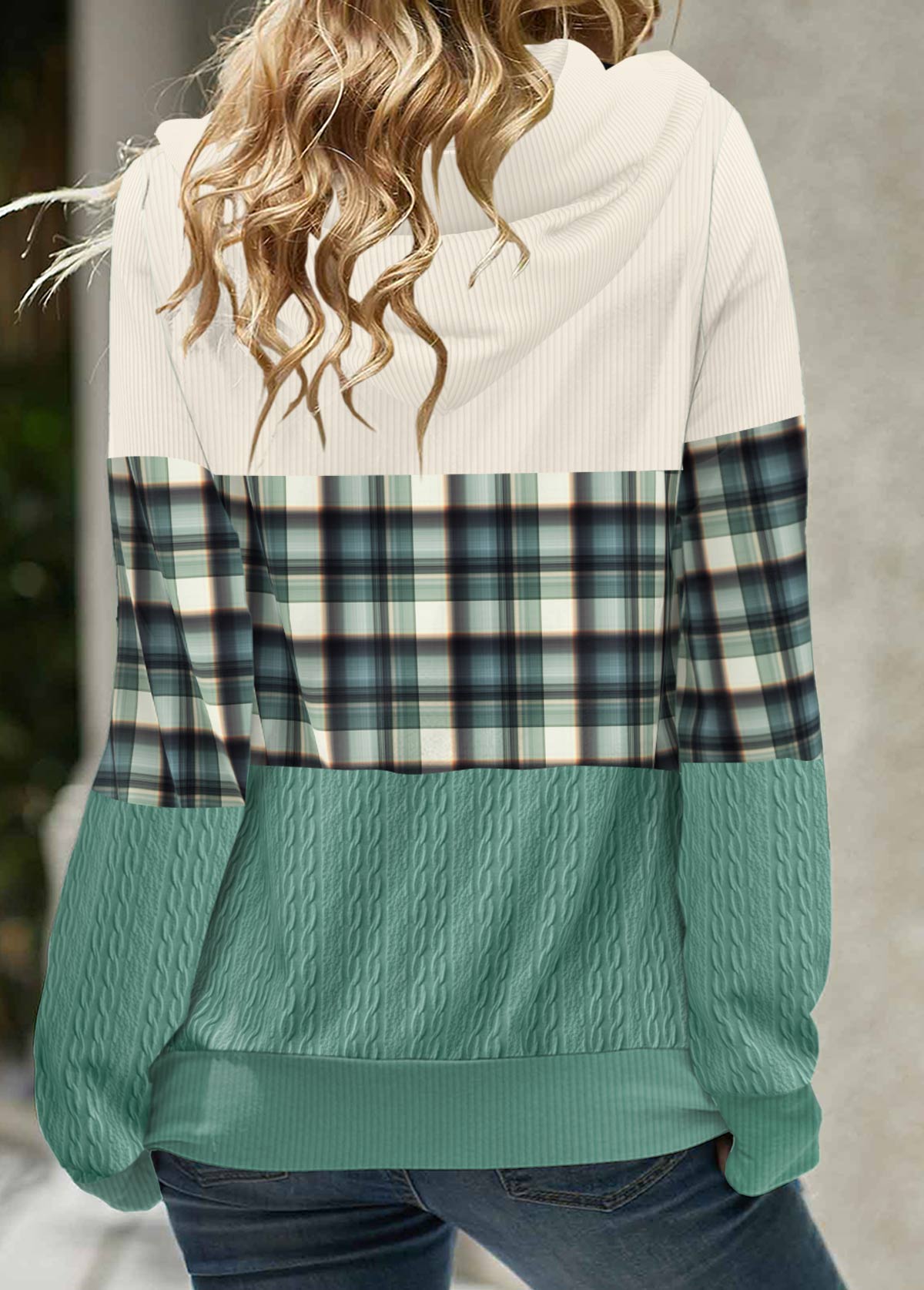 Plus Size Green Patchwork Plaid Long Sleeve Hoodie