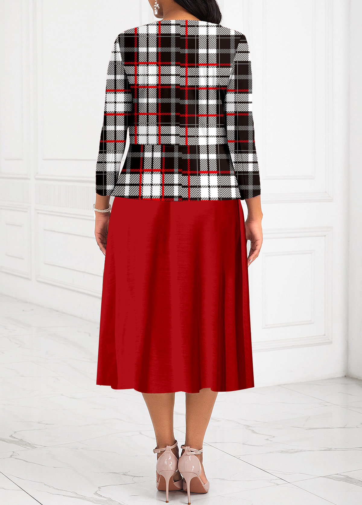 Red Two-Piece Plaid Belted Round Neck Dress and Cardigan