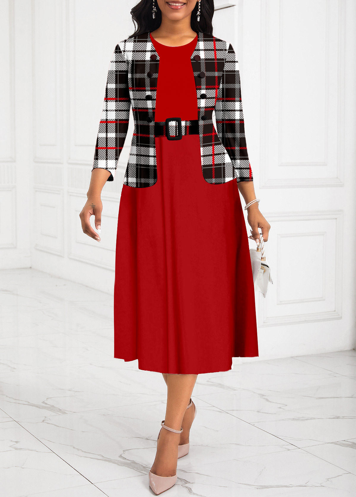 Red Two-Piece Plaid Belted Round Neck Dress and Cardigan