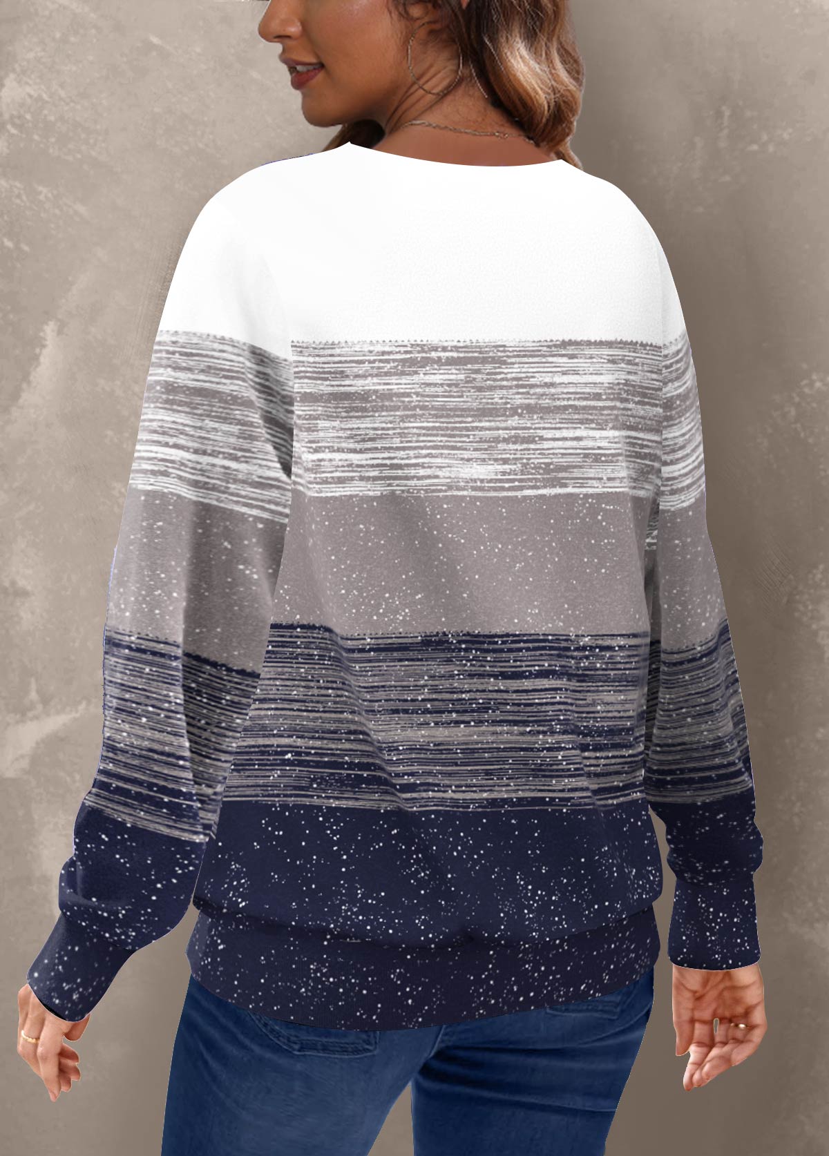 Navy Geometric Print Long Sleeve Round Neck Sweatshirt