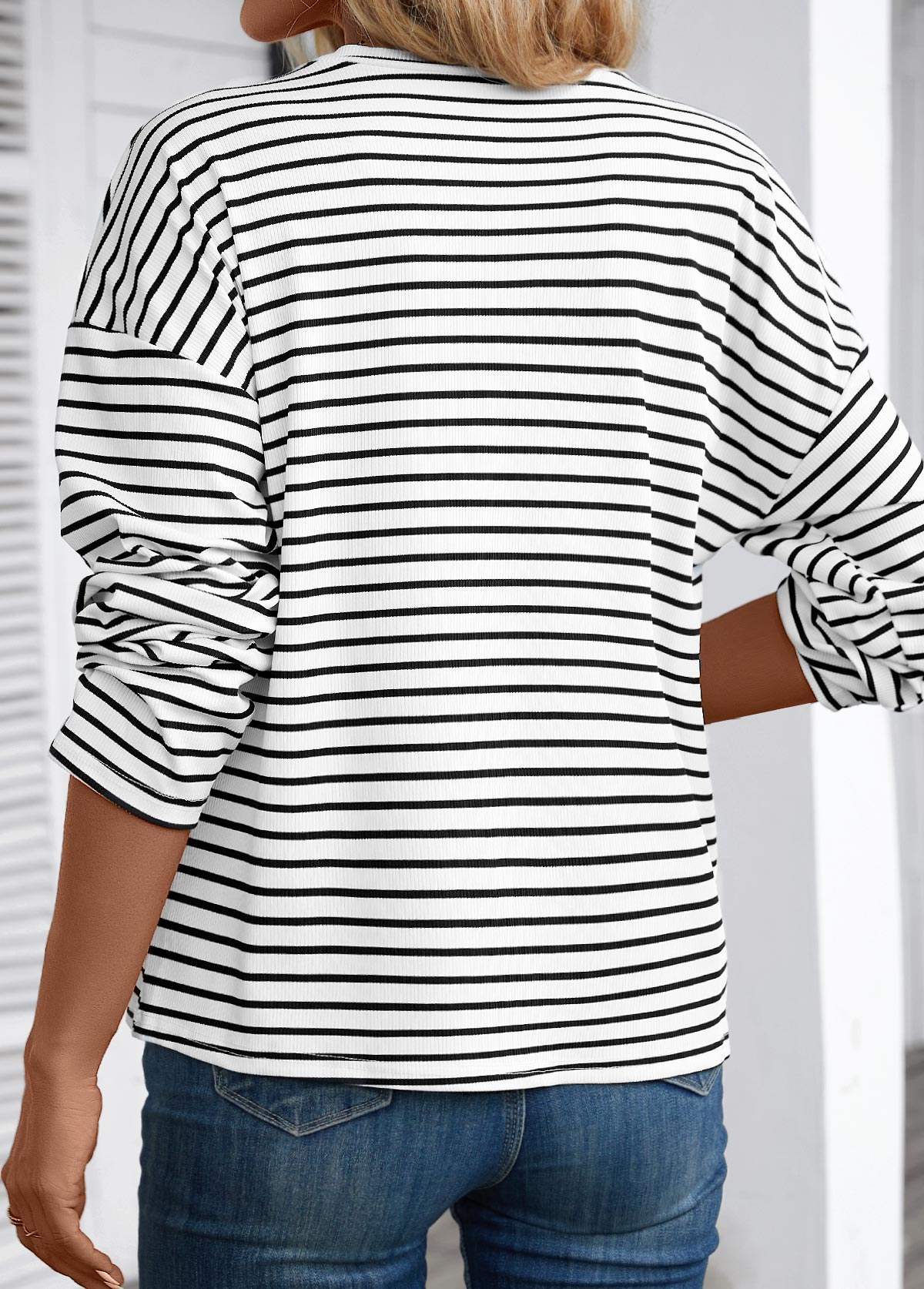 White Striped Long Sleeve Round Neck T Shirt