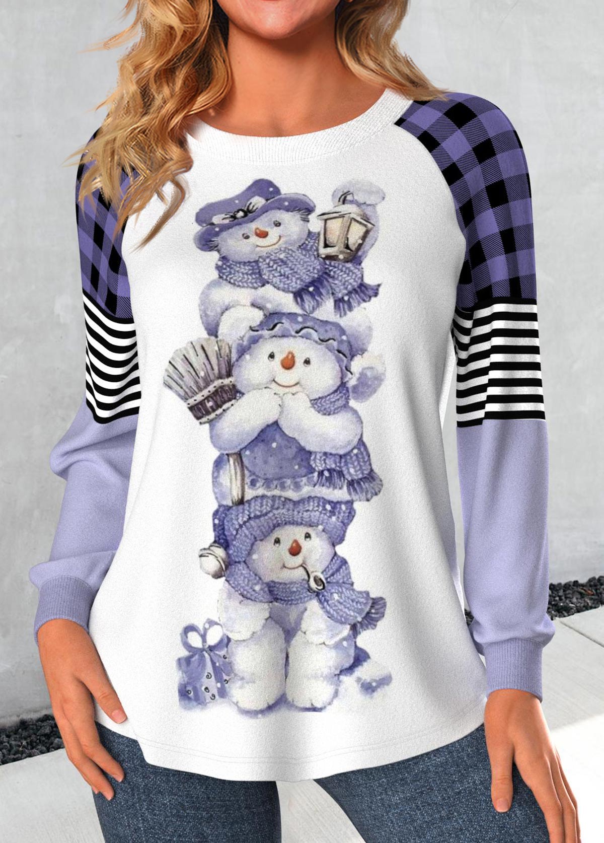Light Purple Patchwork Snowman Print Long Sleeve T Shirt