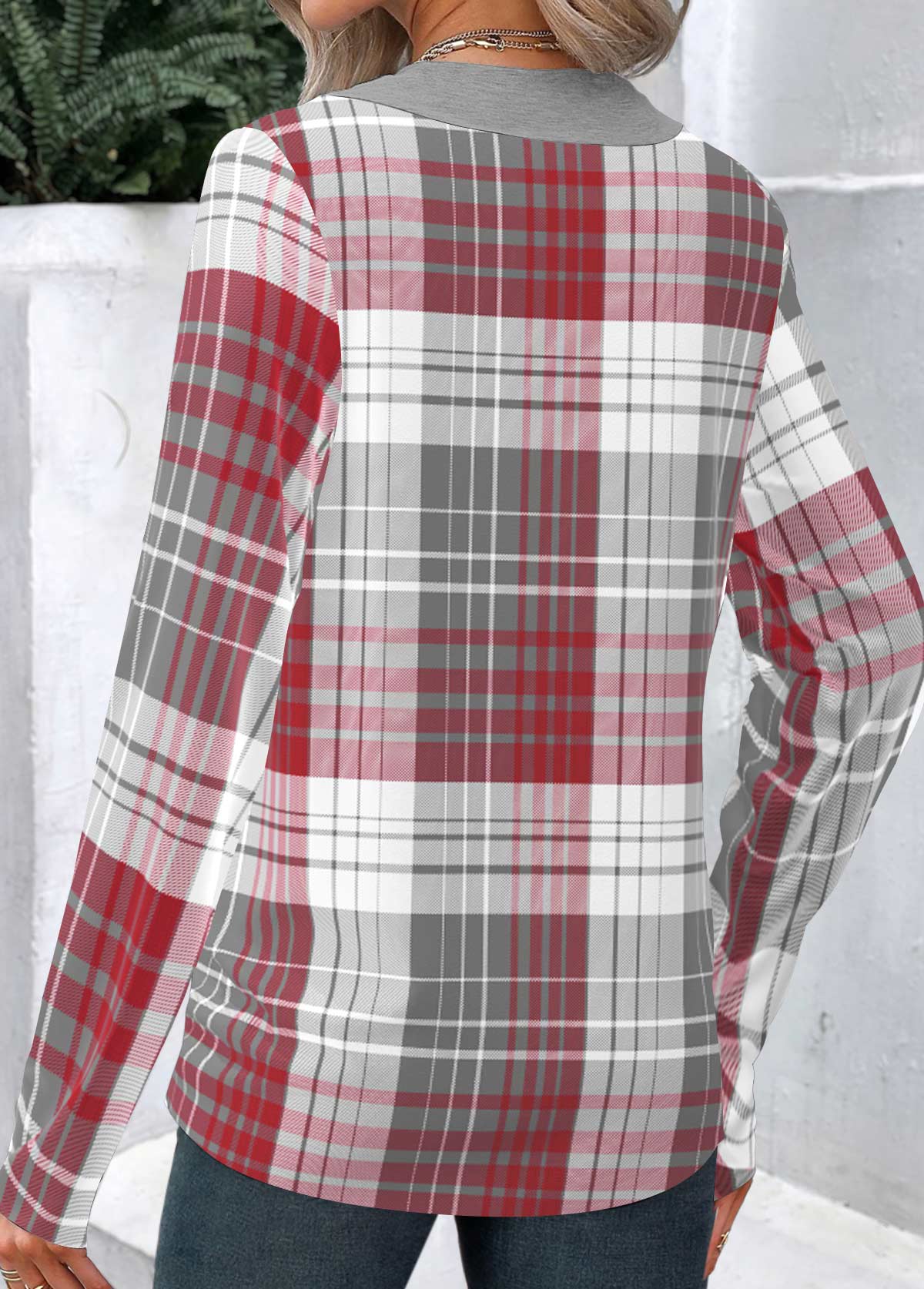 Wine Red Patchwork Plaid Long Sleeve Asymmetrical Neck Sweatshirt