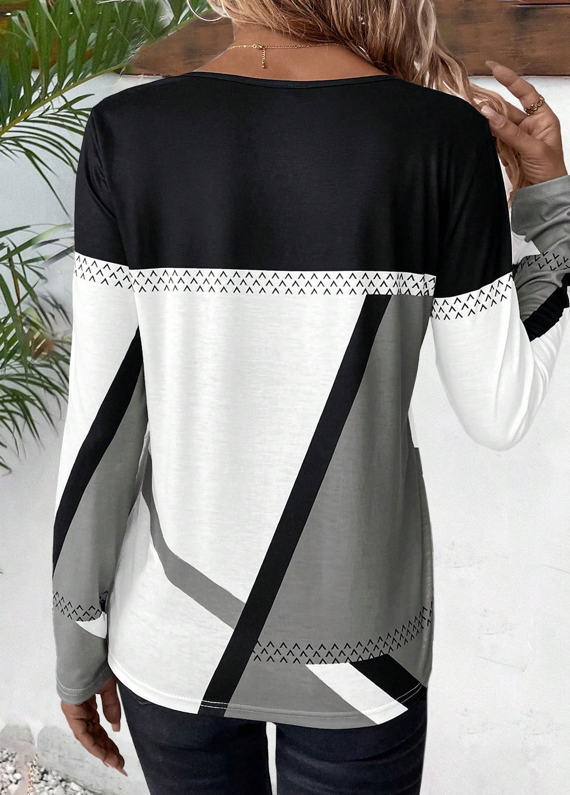 Multi Color Patchwork Geometric Print Long Sleeve T Shirt