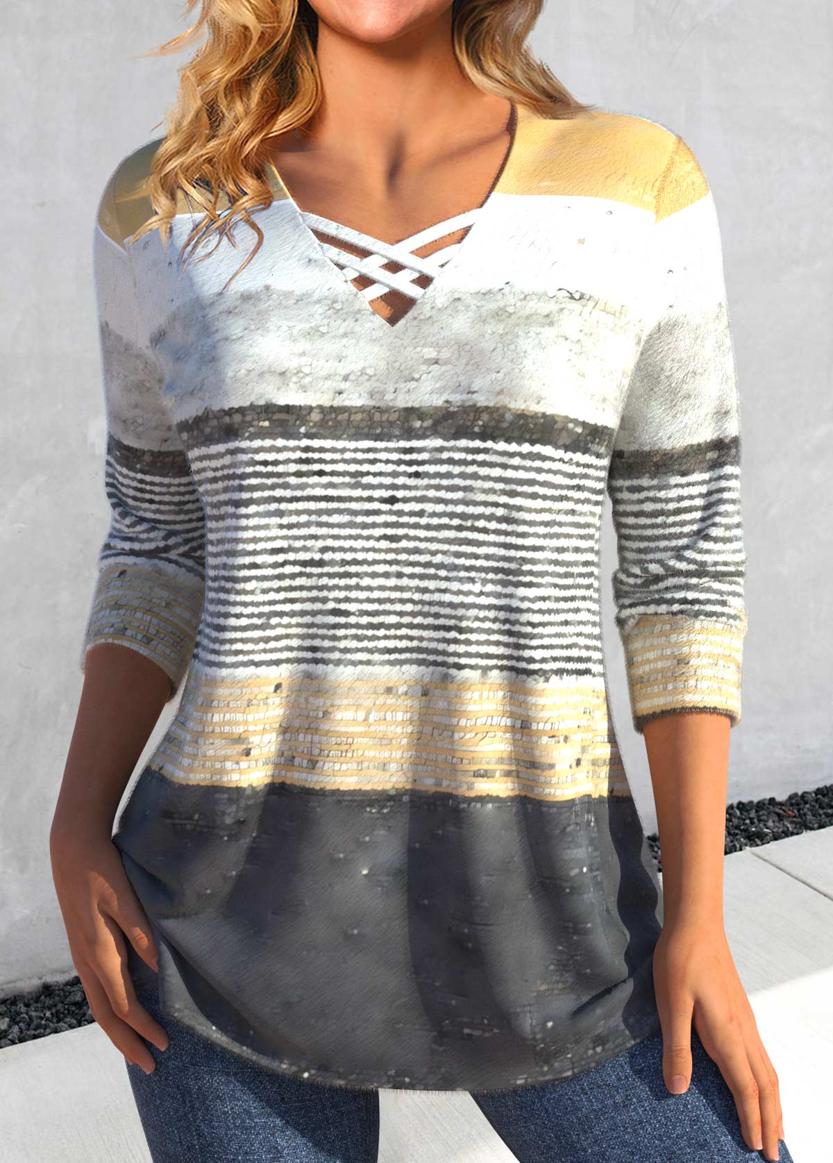 Grey Criss Cross Striped Long Sleeve T Shirt | picture 
