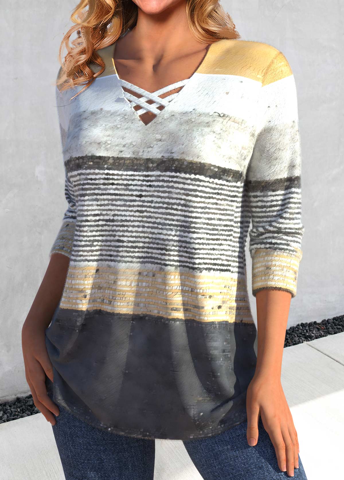 Grey Criss Cross Striped Long Sleeve T Shirt | picture 