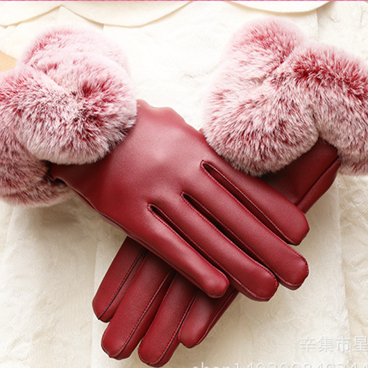 Wine Red Faux Fur Wrist Warming Full Finger Gloves