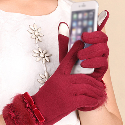 Wine Red Bowknot Wrist Warming Full Finger Gloves