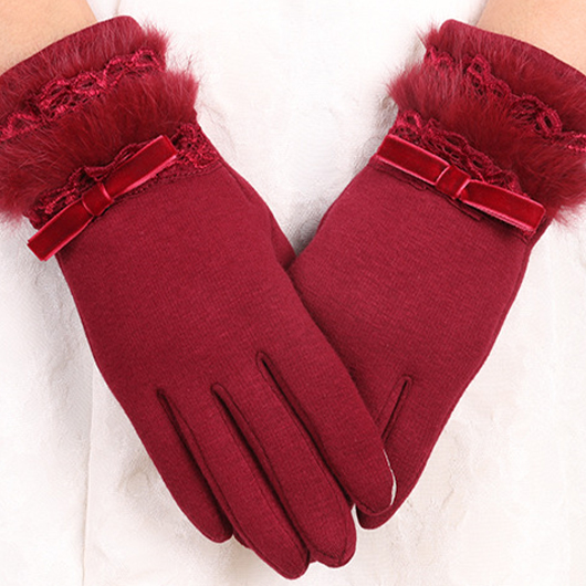 Wine Red Bowknot Wrist Warming Full Finger Gloves