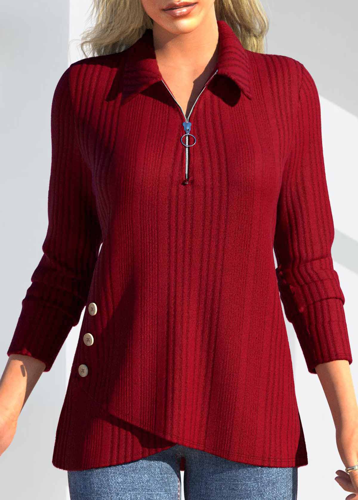 Red Zipper Long Sleeve Polo Collar T Shirt