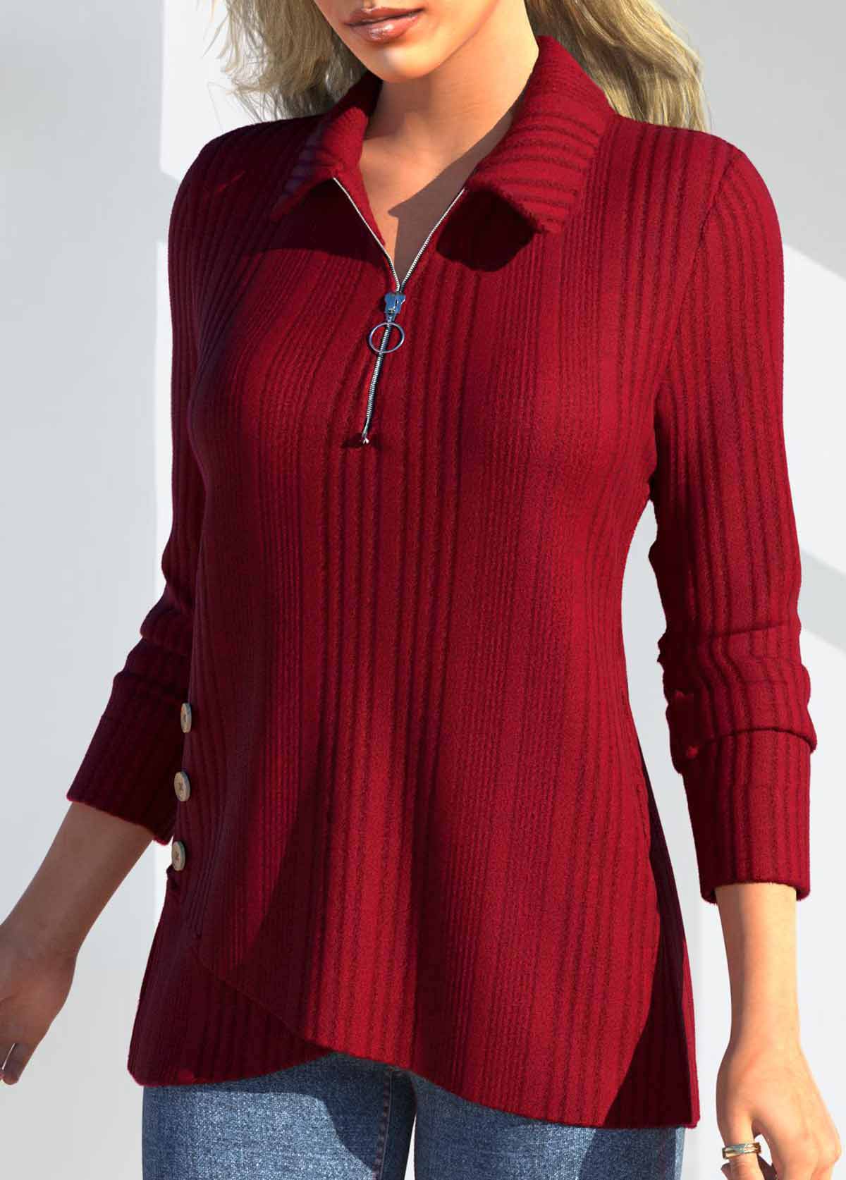 Red Zipper Long Sleeve Polo Collar T Shirt