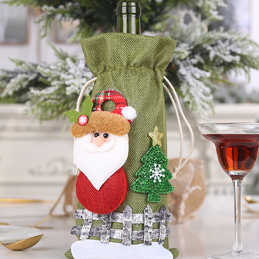 Olive Green Christmas Print Drawstring Wine Cover