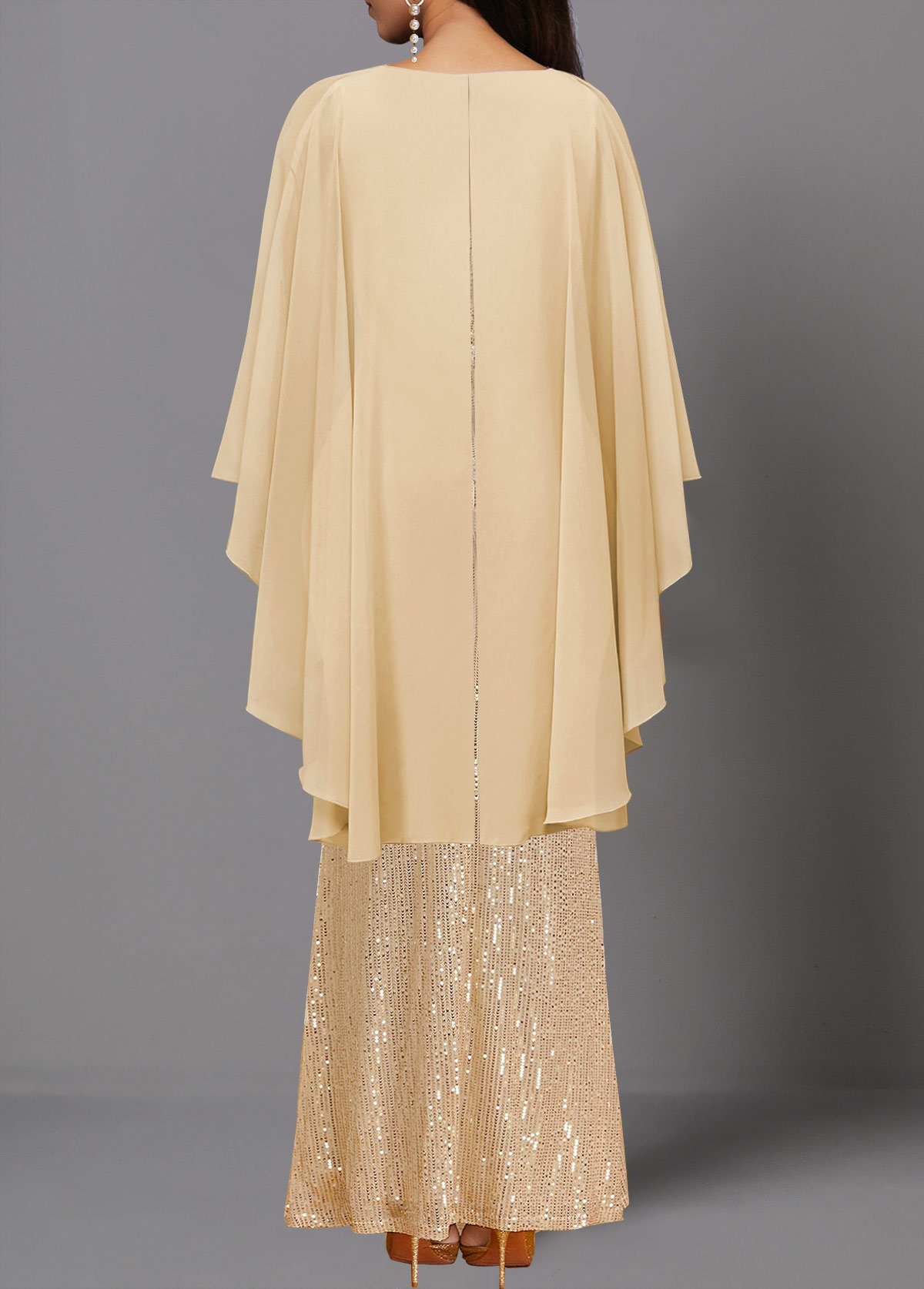 Beige Sequin Three Quarter Length Sleeve Dress