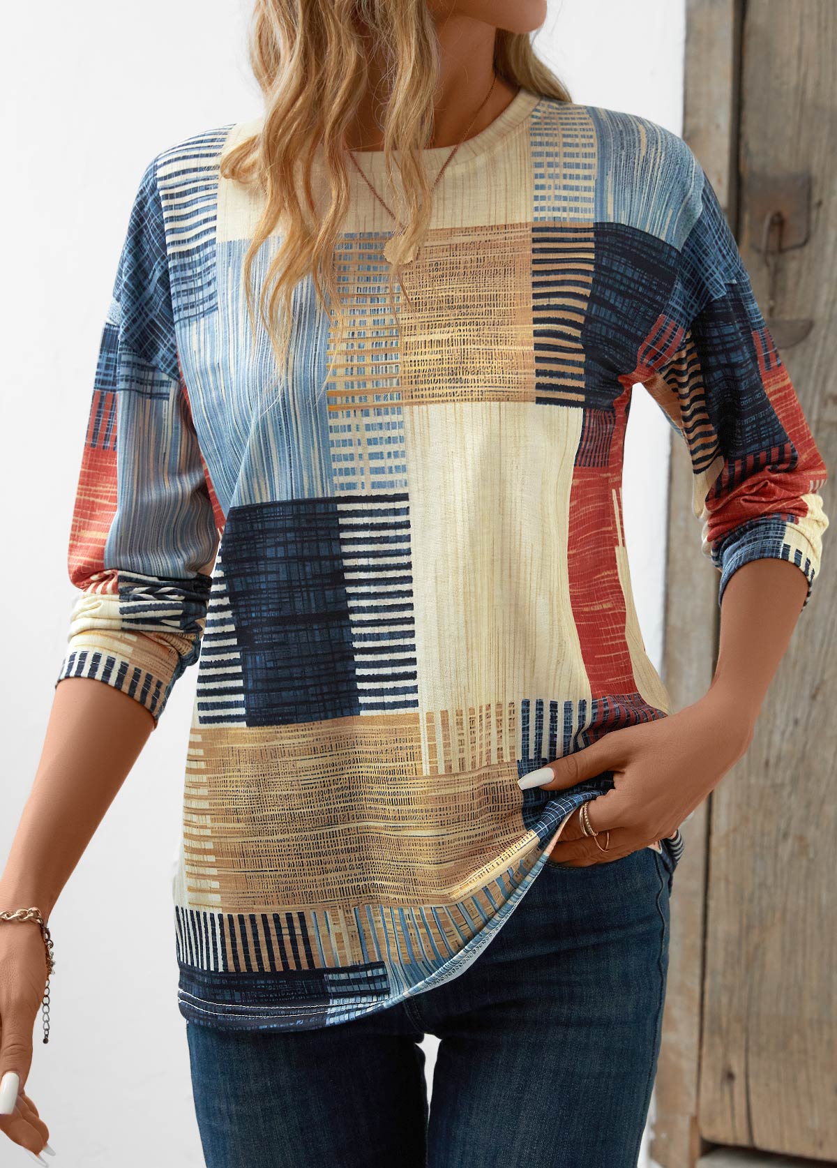 Beige Patchwork Geometric Print Long Sleeve T Shirt | picture 