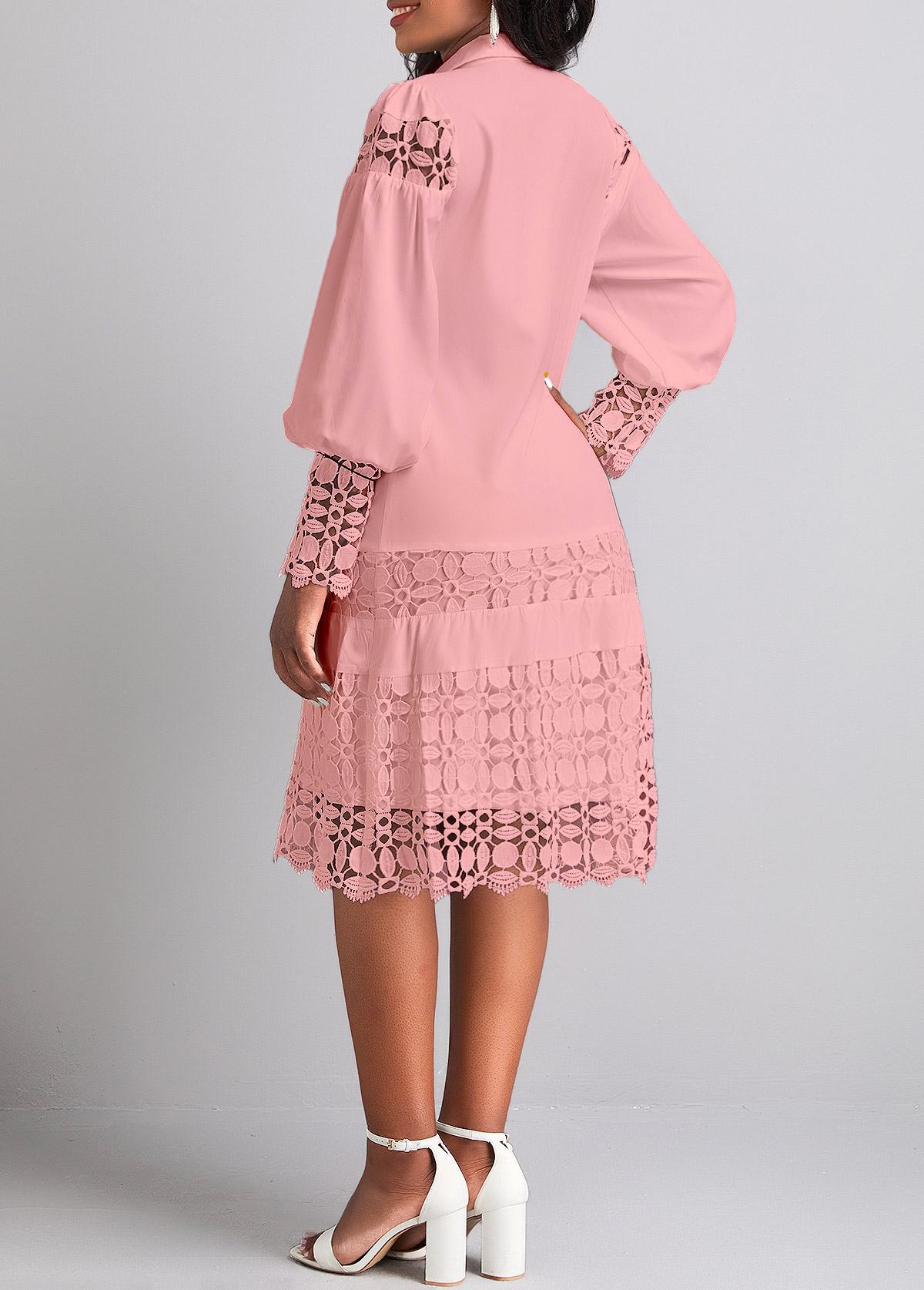Light Pink Lace Long Sleeve Shirt Collar Shift Dress