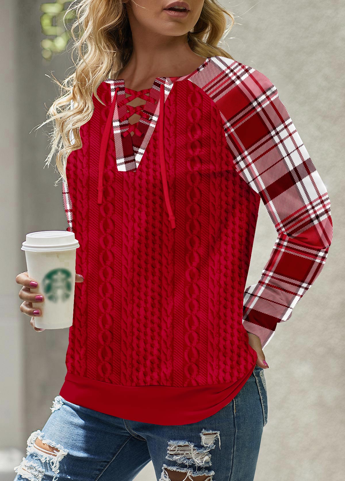 Red Lace Up Plaid Long Sleeve Split Neck Sweatshirt | picture 