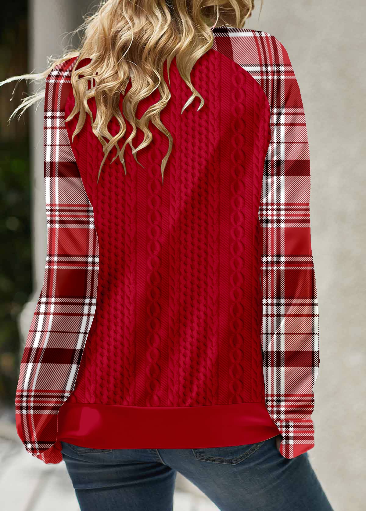 Red Lace Up Plaid Long Sleeve Split Neck Sweatshirt | picture 