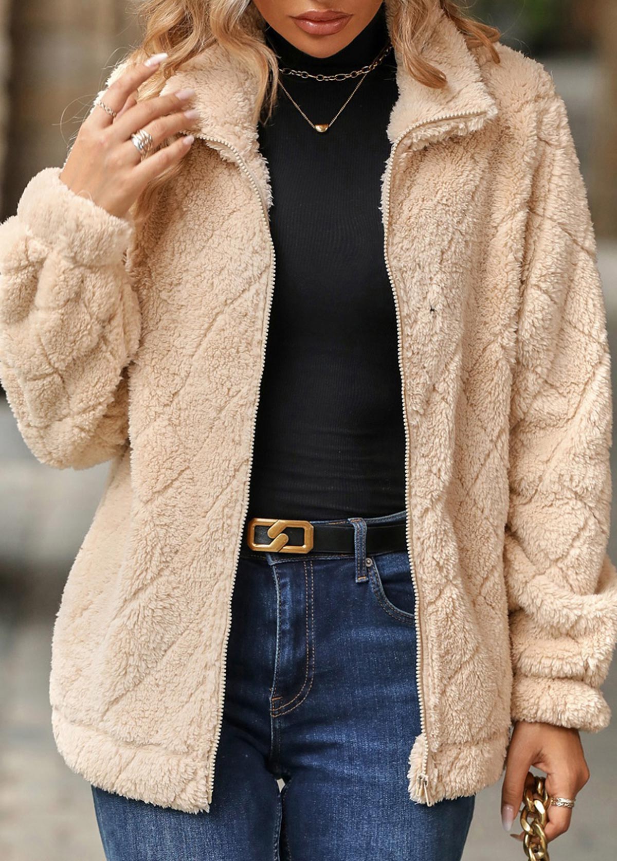 Light Camel Zipper Long Sleeve Turn Down Collar Coat | picture 