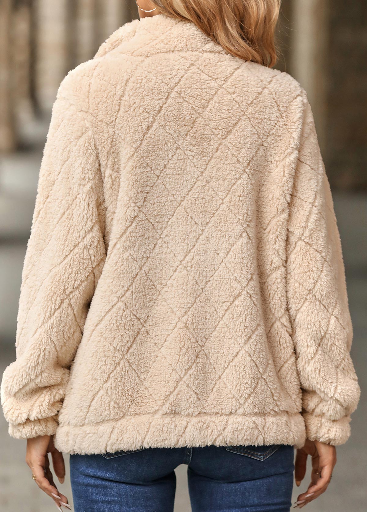 Light Camel Zipper Long Sleeve Turn Down Collar Coat | picture 