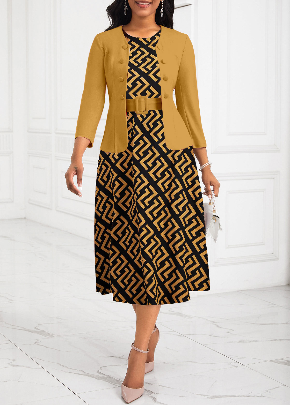 Ginger Two Piece Geometric Print Belted Round Neck Dress and Cardigan