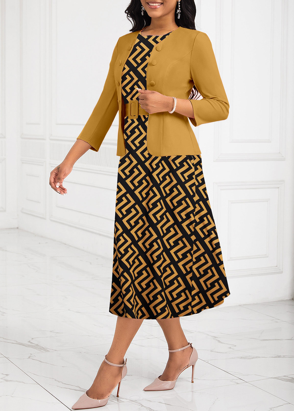 Ginger Two Piece Geometric Print Belted Round Neck Dress and Cardigan