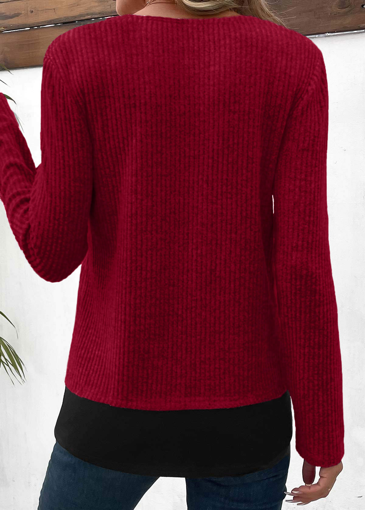 Plus Size Wine Red Fake 2in1 Long Sleeve Blouse