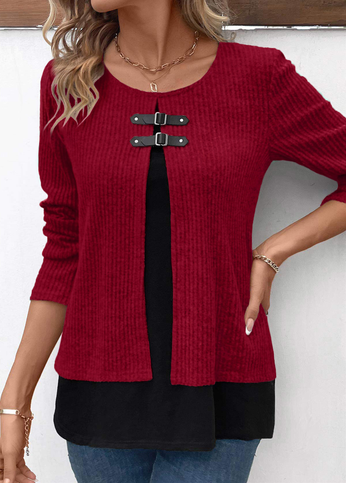 Wine Red Fake 2in1 Long Sleeve Blouse