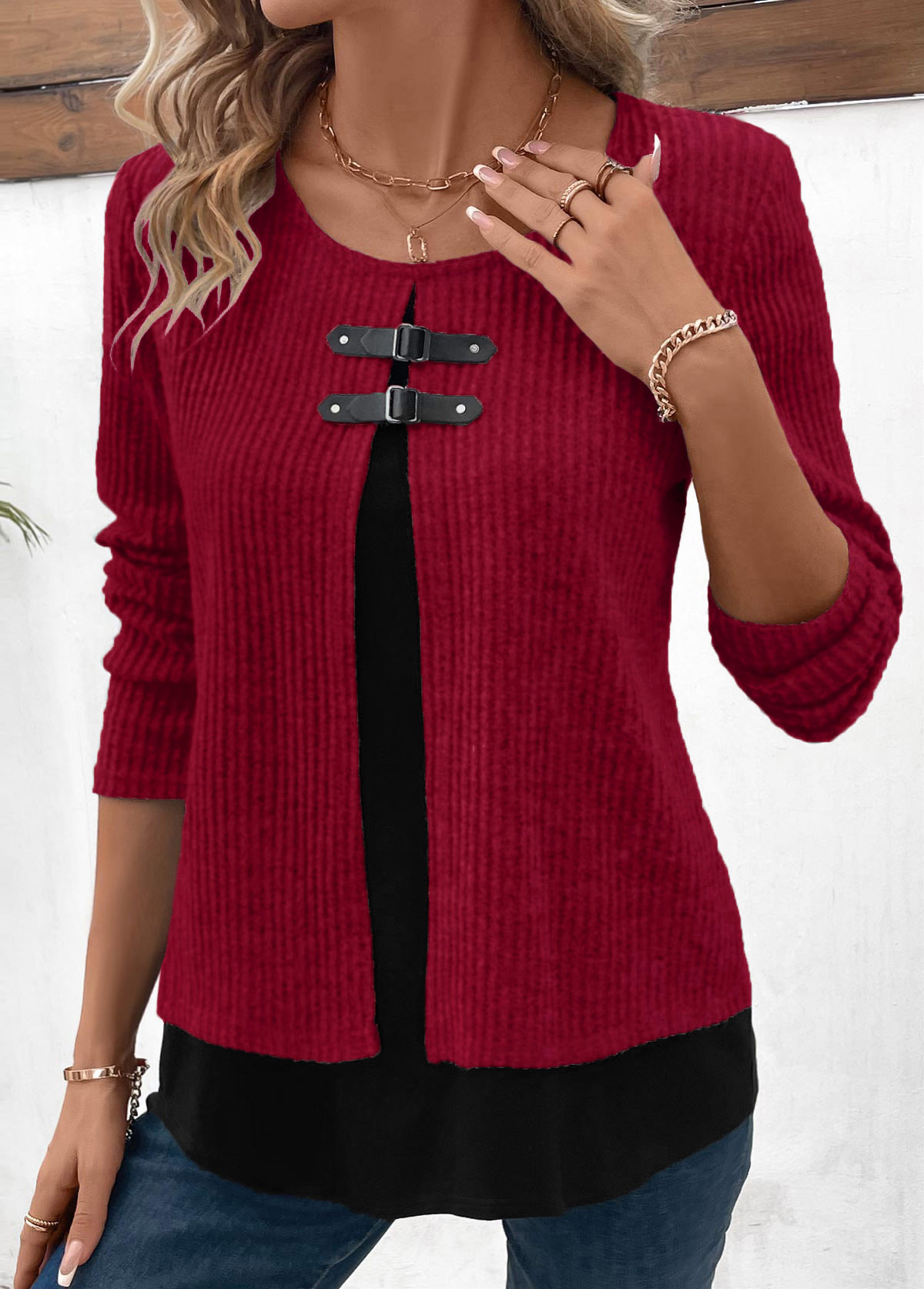 Wine Red Fake 2in1 Long Sleeve Blouse