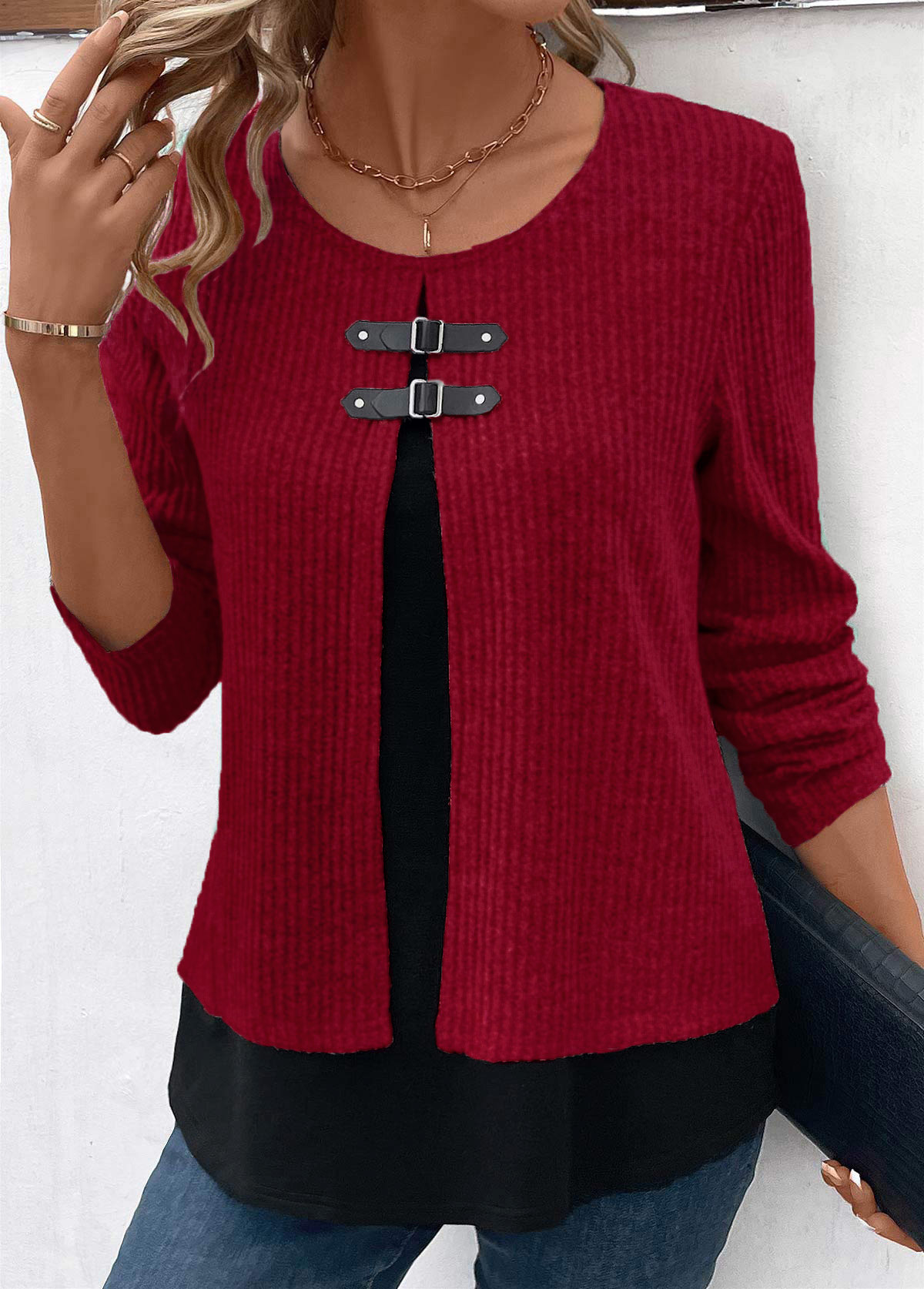 Plus Size Wine Red Fake 2in1 Long Sleeve Blouse