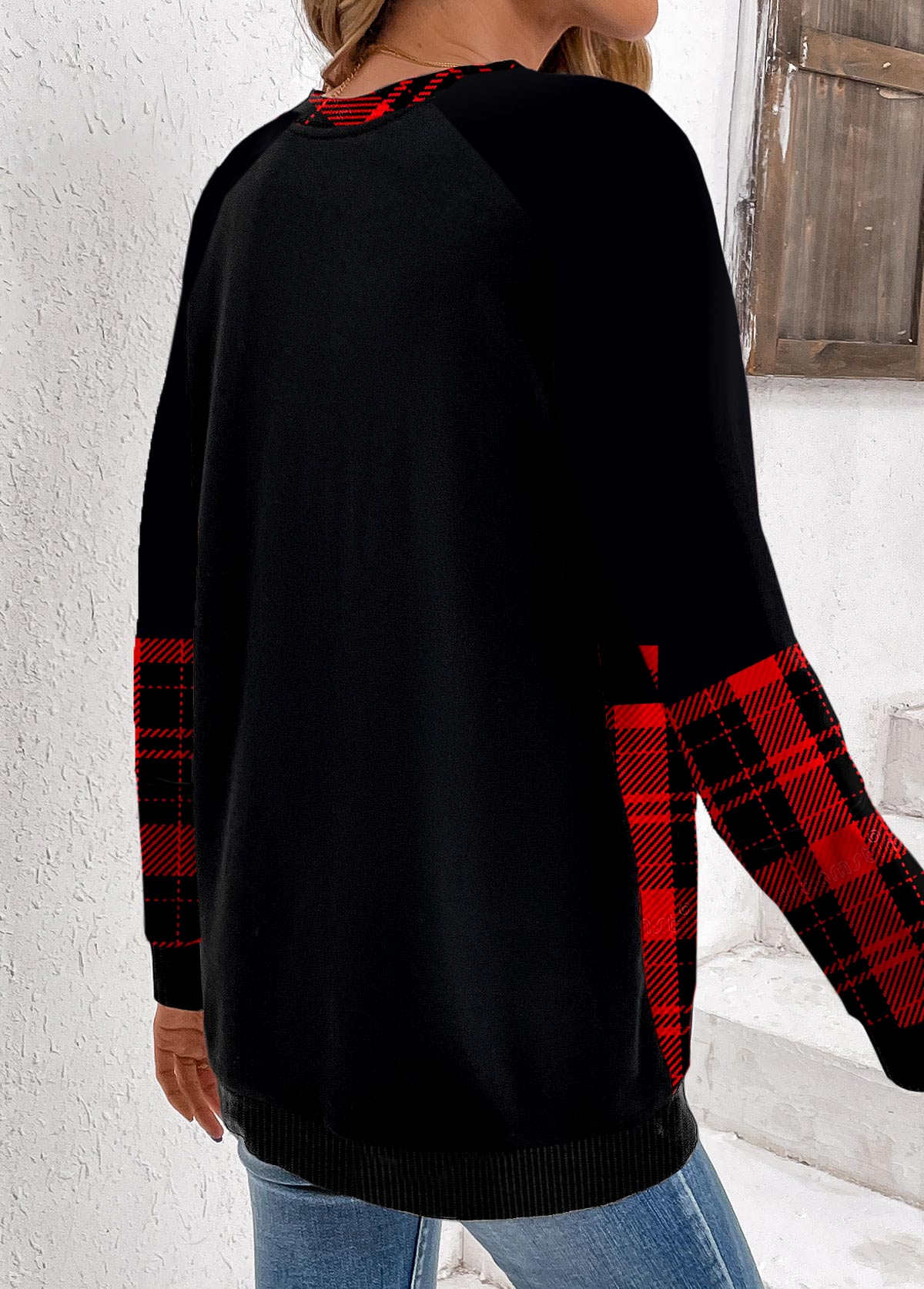 Black Patchwork Plaid Long Sleeve Round Neck Christmas Sweatshirt