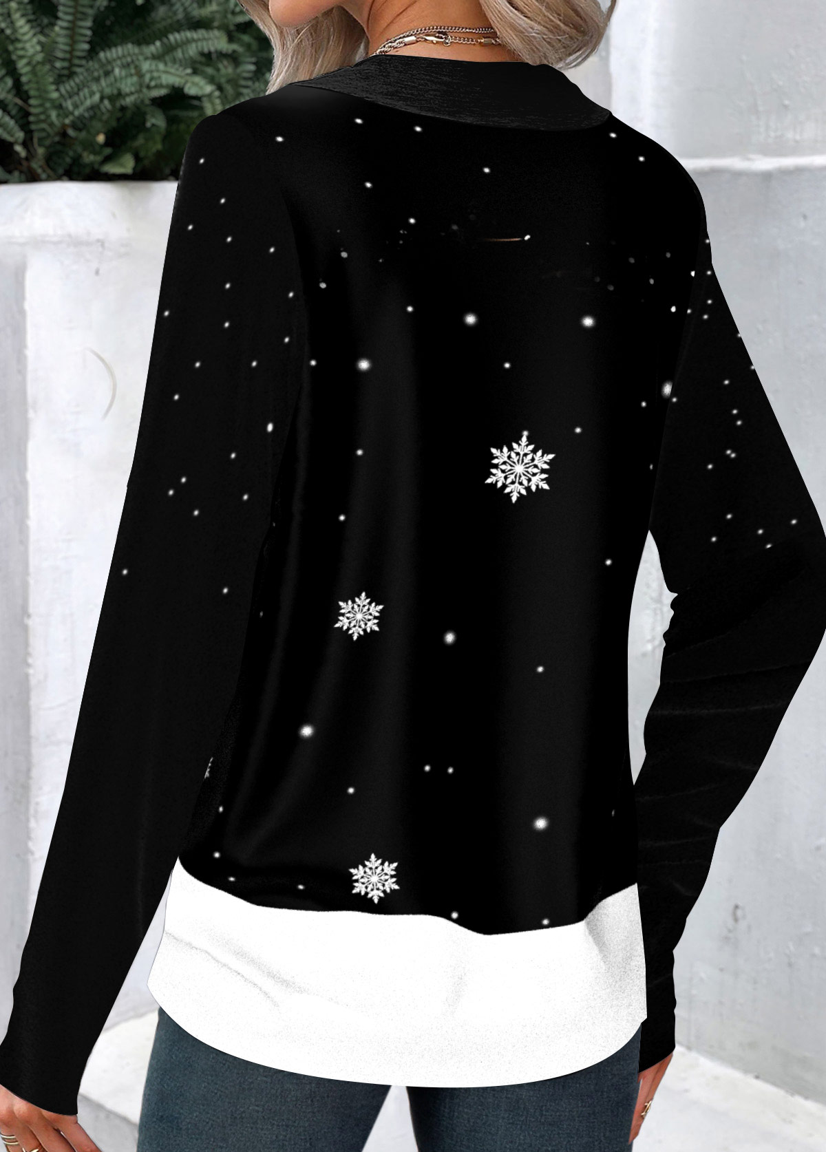 Black Patchwork Christmas Print Long Sleeve Asymmetrical Neck Sweatshirt