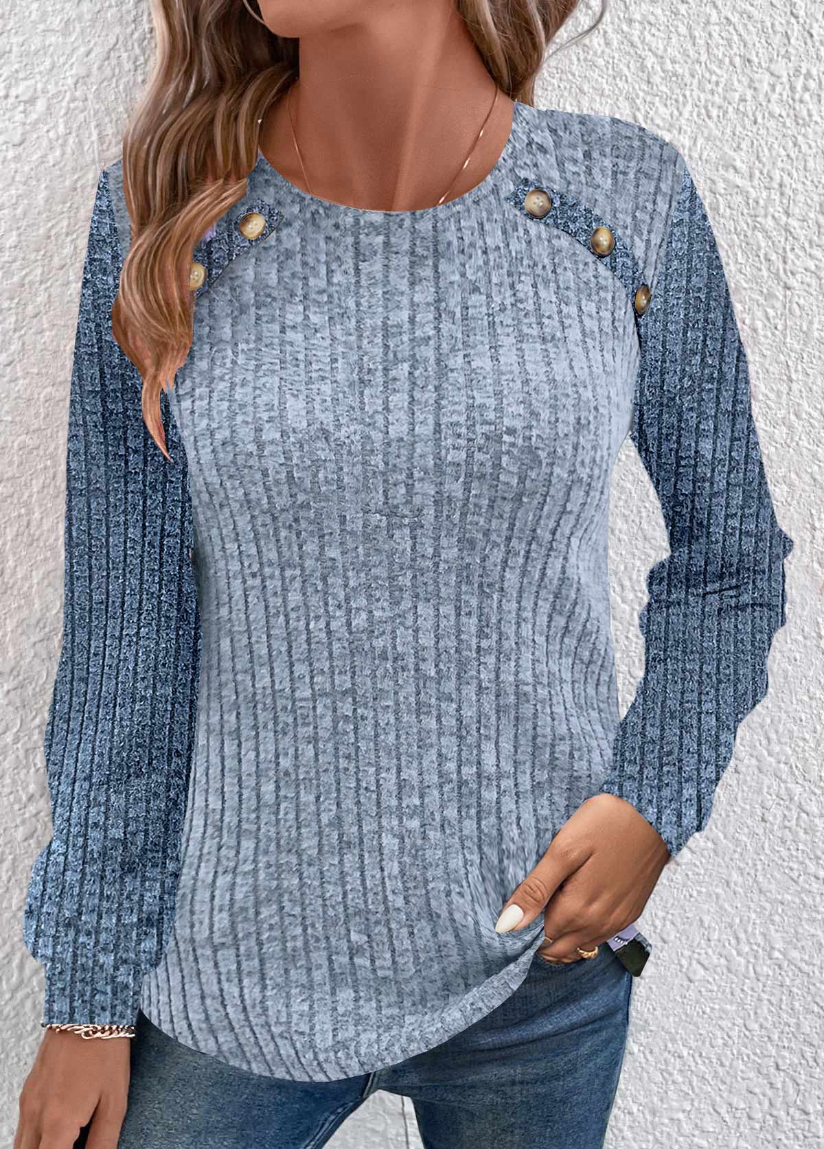 Dusty Blue Patchwork Long Sleeve Round Neck Sweatshirt | picture 