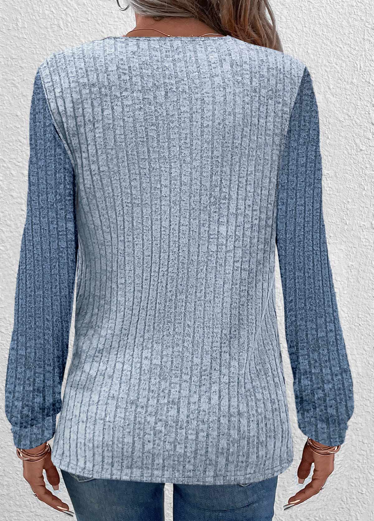 Dusty Blue Patchwork Long Sleeve Round Neck Sweatshirt | picture 