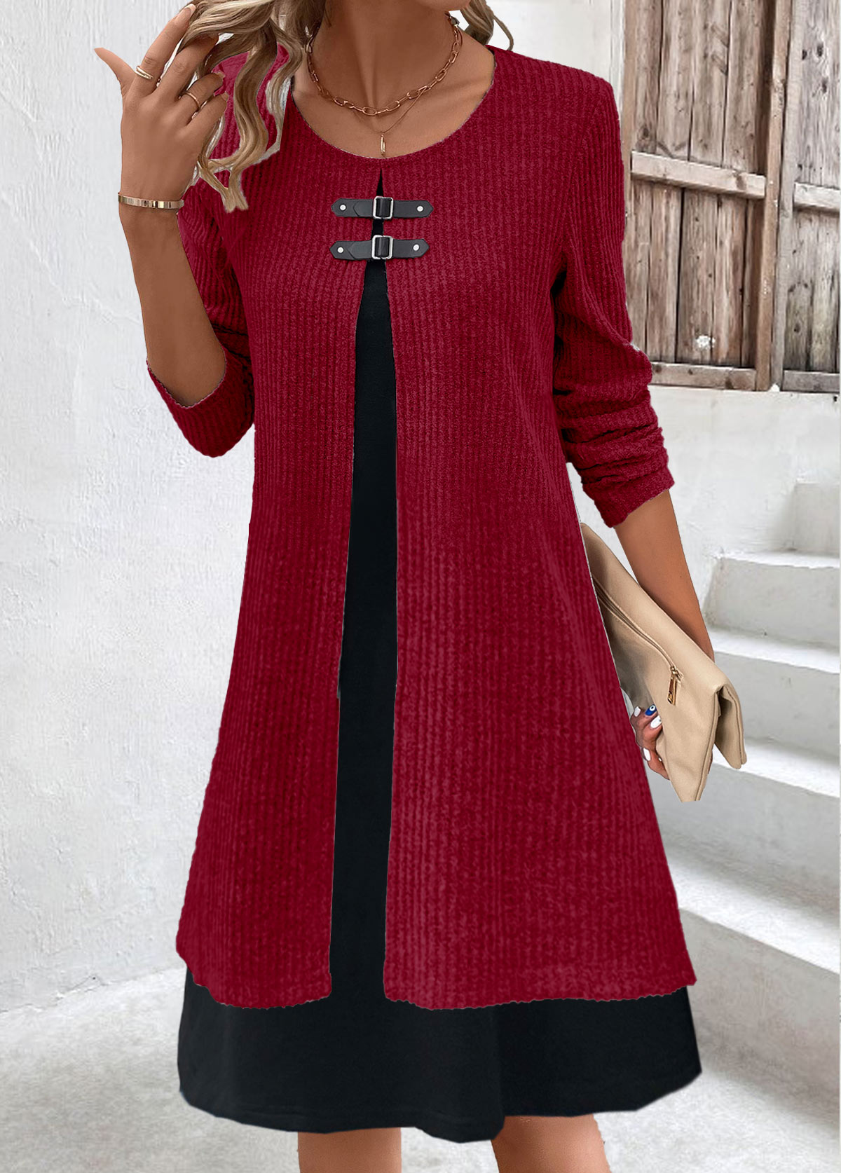 Wine Red Fake 2in1 A Line Dress