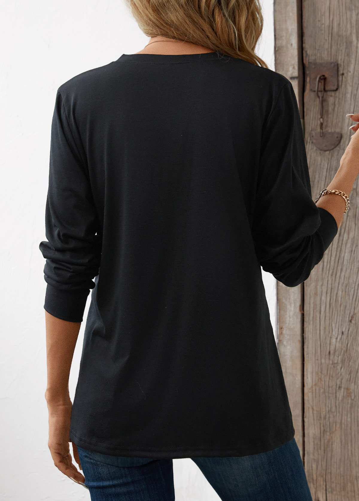 Black Button Long Sleeve Split Neck T Shirt