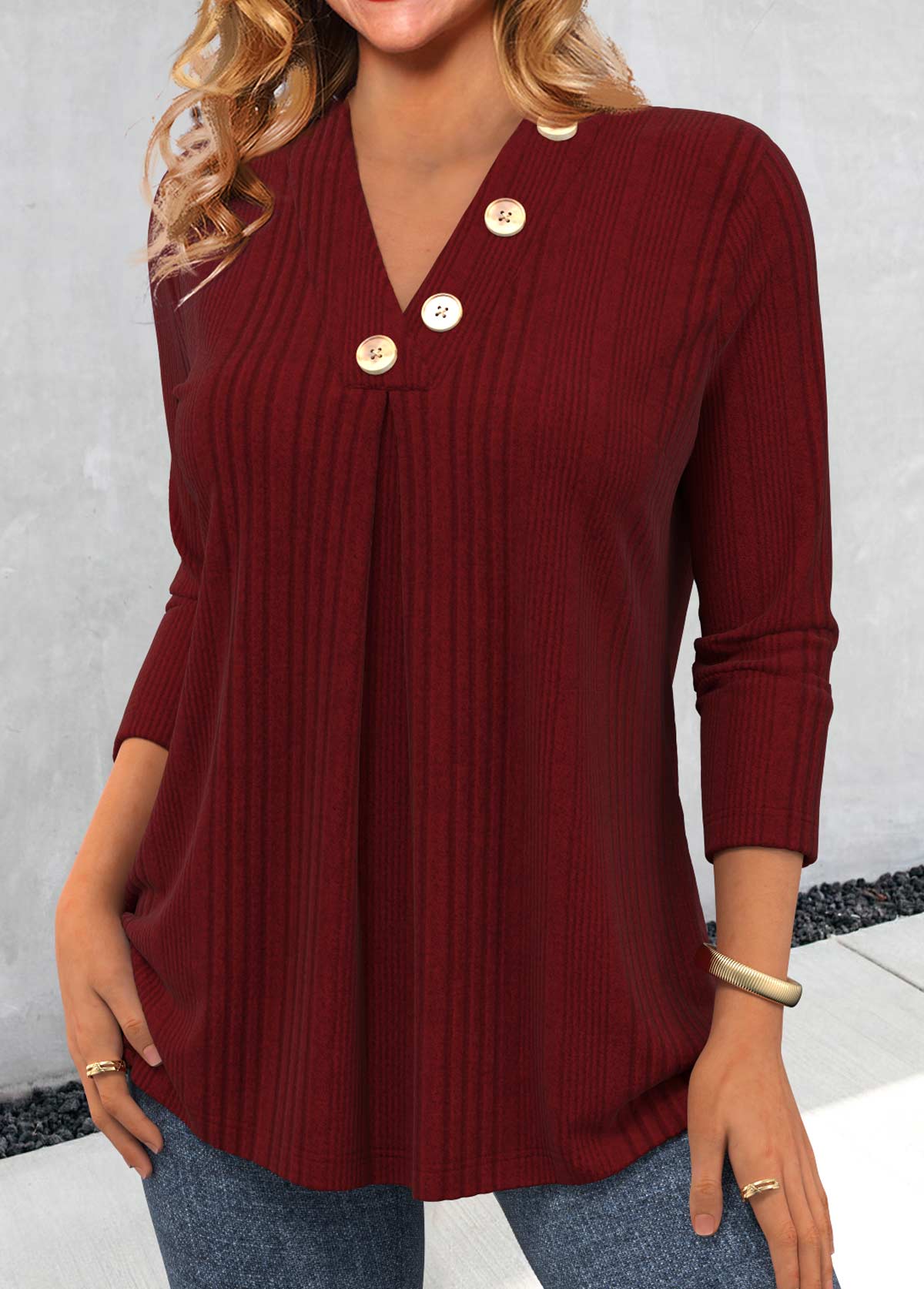 Wine Red Button Long Sleeve V Neck T Shirt