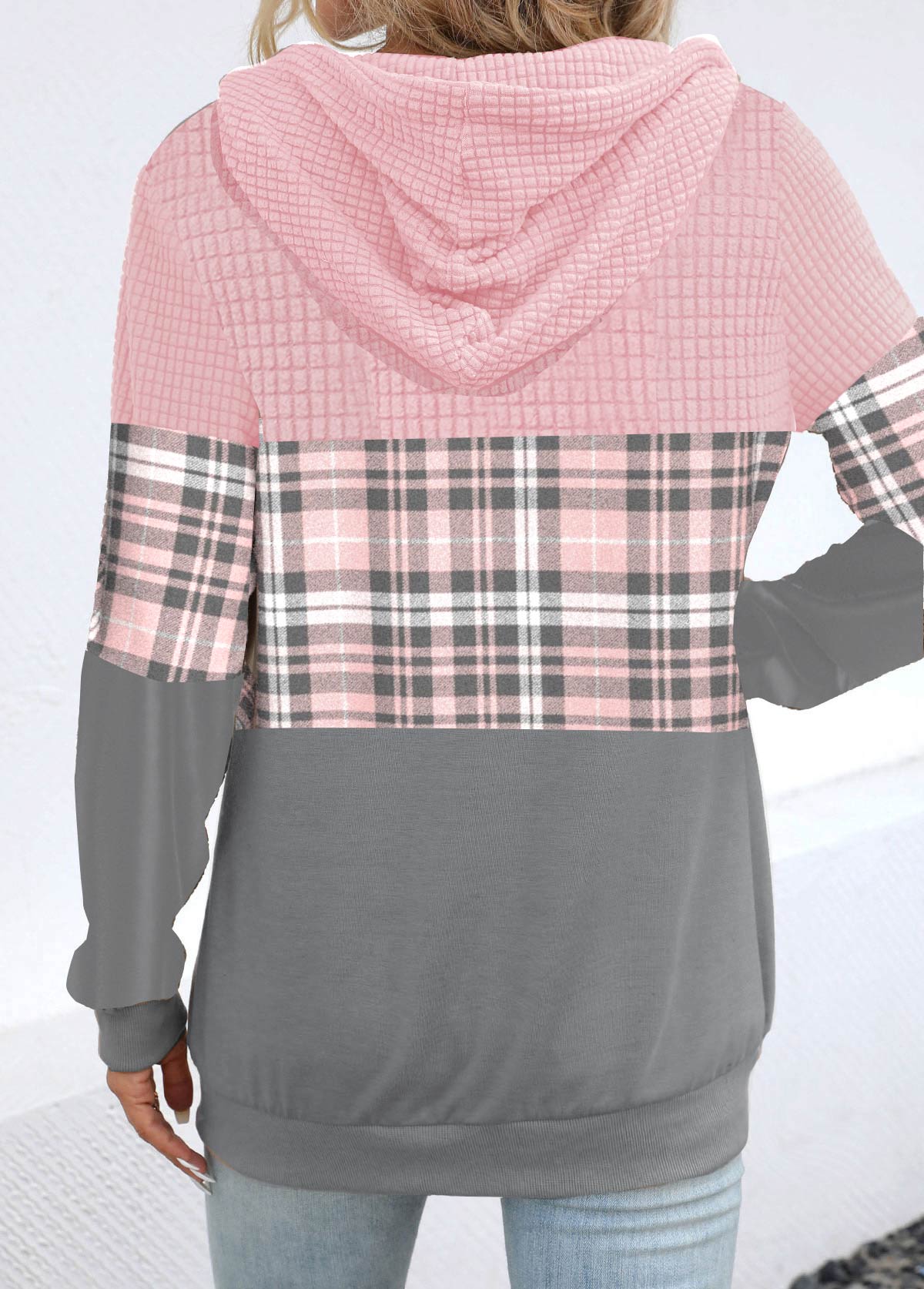 Plus Size Light Pink Patchwork Plaid Long Sleeve Hoodie