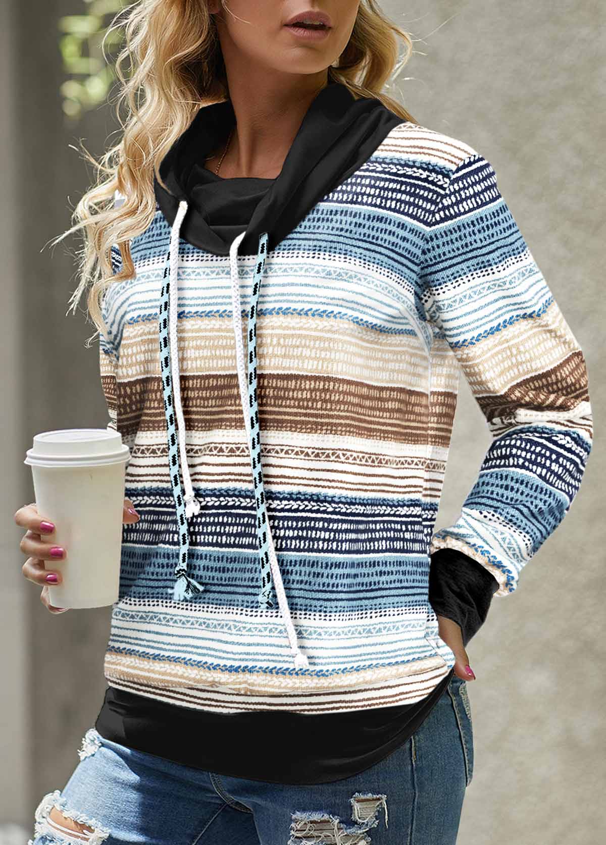 Plus Size Blue Drawstring Geometric Print Long Sleeve Sweatshirt-an ...