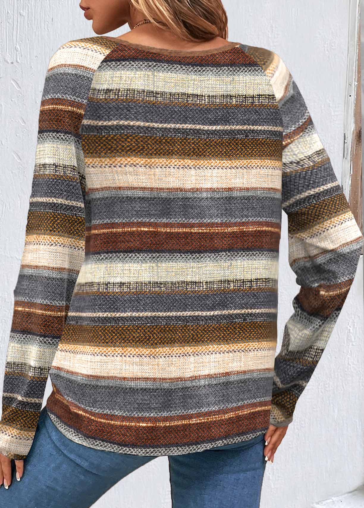 Multi Color Button Striped Long Sleeve Round Neck Sweatshirt