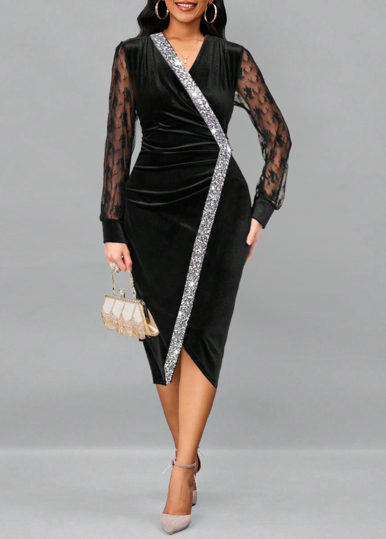 Black Sequin Long Sleeve V Neck Dress