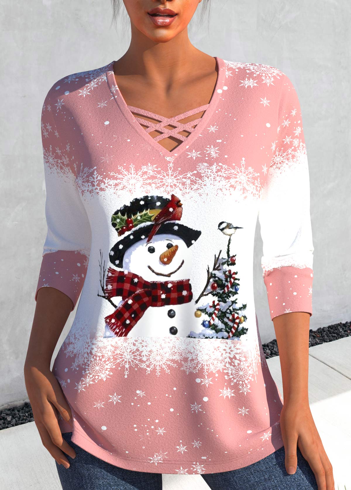 Light Pink Criss Cross Snowman Print T Shirt