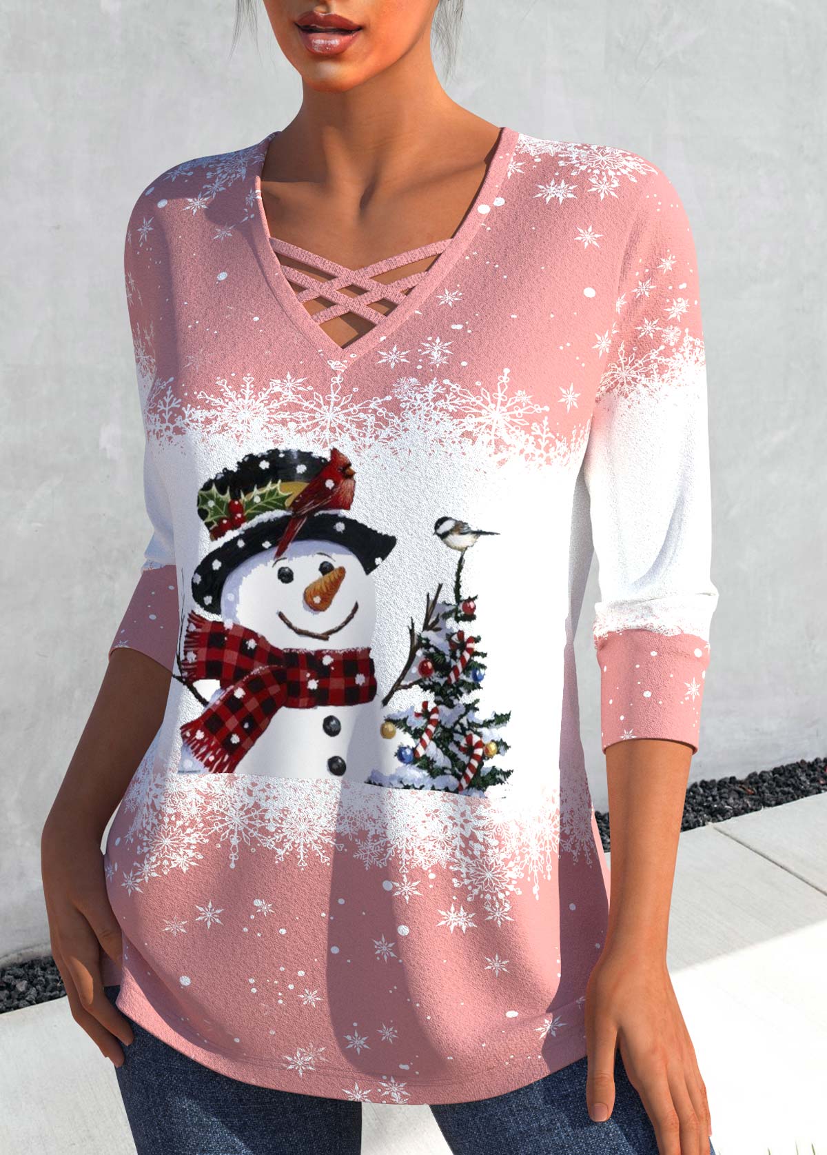 Light Pink Criss Cross Snowman Print T Shirt