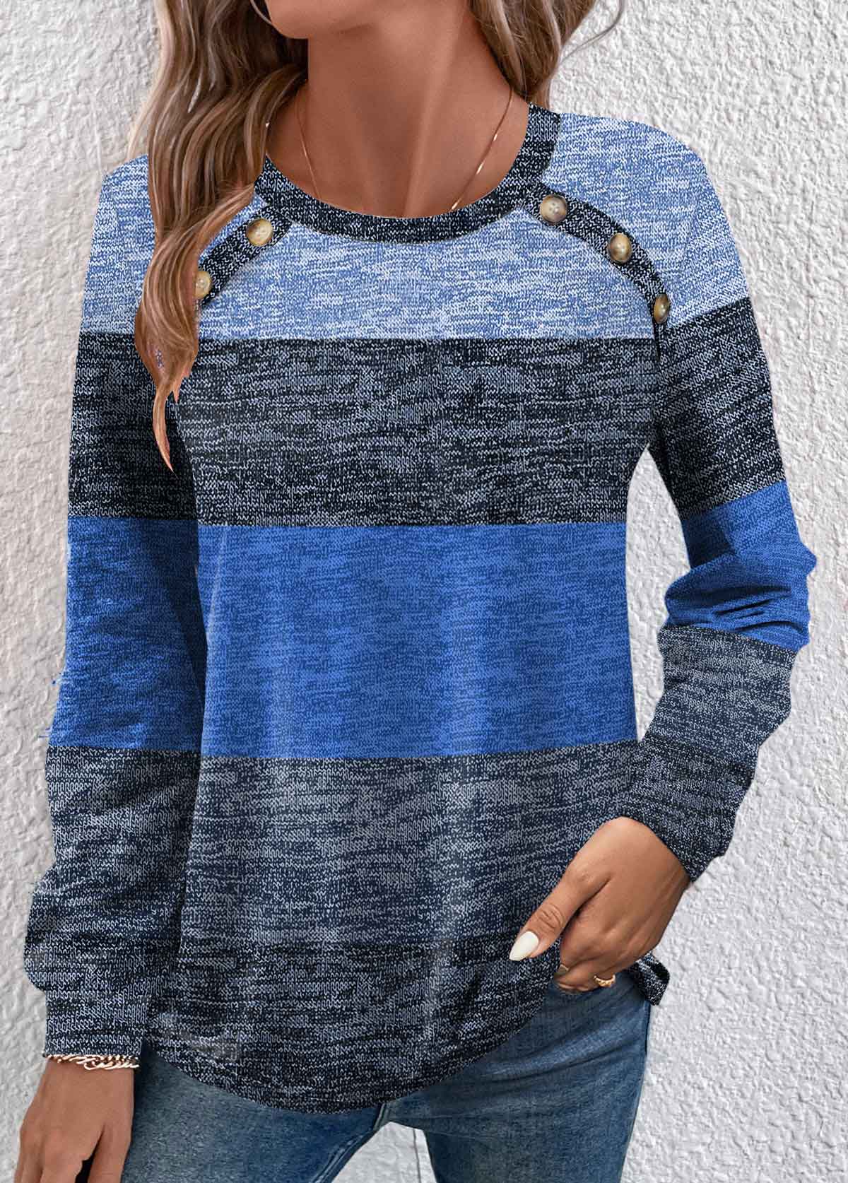Blue Button Striped Long Sleeve Round Neck T Shirt